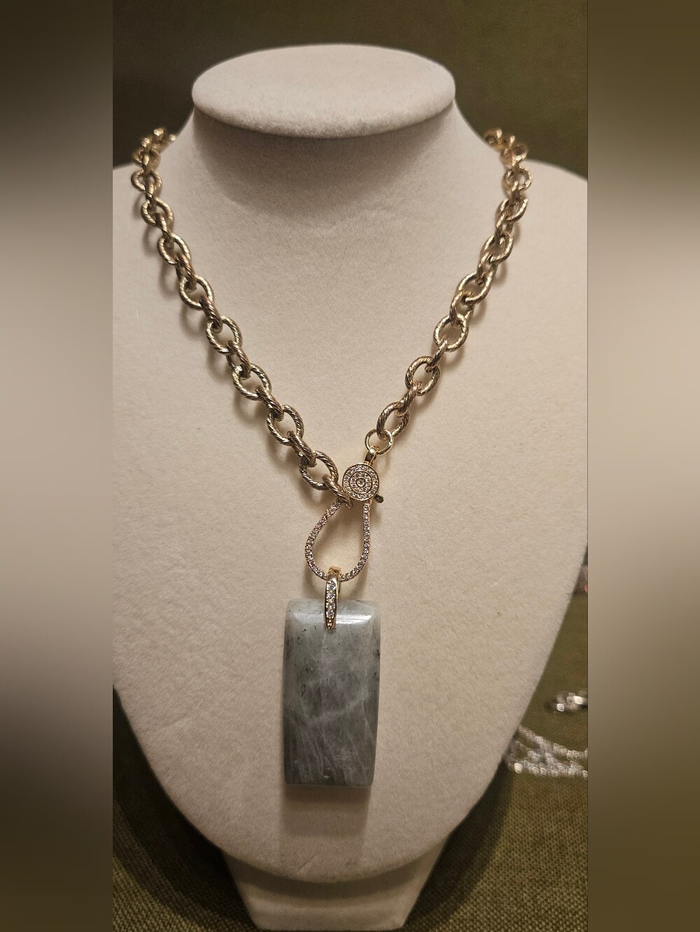 FR Vault Gold-Tone Chain Necklace with Gray Stone Pendant